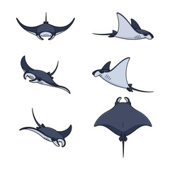 Manta Ray Cartoon Vector Set Illustration
