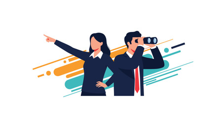 Obraz premium A businessman and businesswoman looking towards the future, with the man using binoculars, symbolizing vision and leadership.