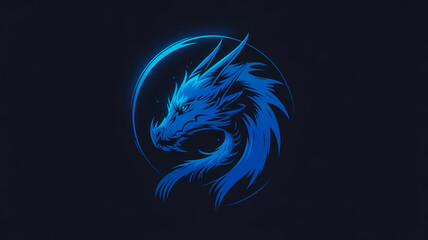 Fototapeta premium Stylized blue dragon head with glowing eyes and flowing mane on a dark background