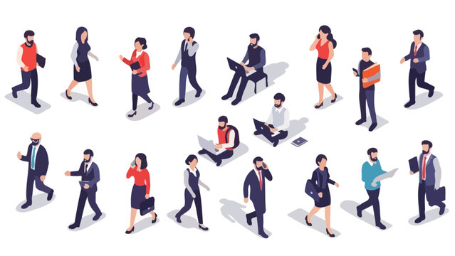 Isometric illustration of diverse business professionals engaged in various activities like walking, talking on phones, and working on laptops, set against a white background.