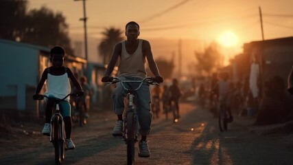Young man sharing free bicycles with kids in low-income neighborhood at golden hour, community program promoting mobility