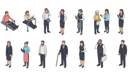 Isometric illustration of diverse people in various professional and personal settings, showcasing different activities and attire.