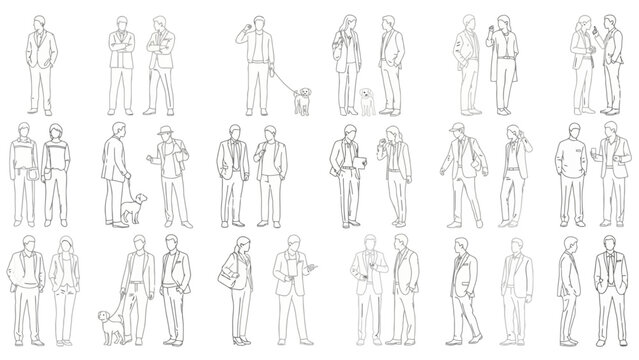 Collection of detailed line drawings of people in various casual poses, some with dogs, showcasing everyday life and interactions.