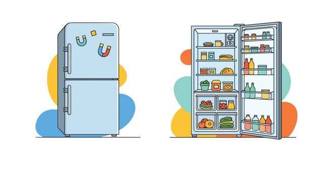 A closed refrigerator and an open one fully stocked with a variety of food, shown in a clean line art style with color.