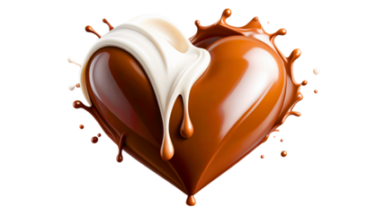 Chocolate heart splash isolated PNG on transparent background, sweet dessert love symbol for Valentine s Day and romantic designs