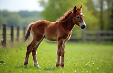 Fototapeta premium Young brown foal stands in green meadow. Newborn horse is in rural area with blurred background. Little adorable horse stands alone during day. Baby animal on farm has natural landscape.