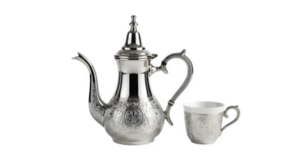 Silver teapot and cup isolated on transparent background