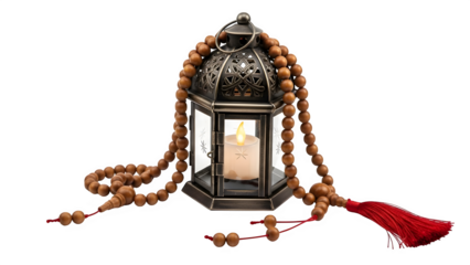 Vintage lantern with rosary beads isolated on transparent background