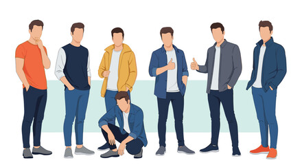 Obraz premium Collection of diverse young men standing and posing in modern casual clothing, illustrated in a faceless, minimalist vector style.
