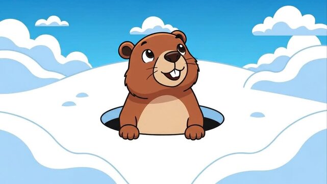Cartoon groundhog emerging from winter snow on a sunny day