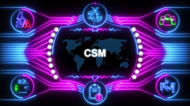 Neon CSM interface with glowing blue and pink lights on black background