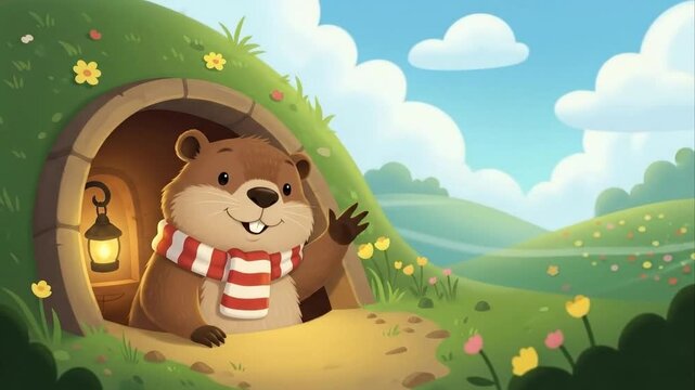 Animated groundhog emerging from burrow with scarf and cheerful expression