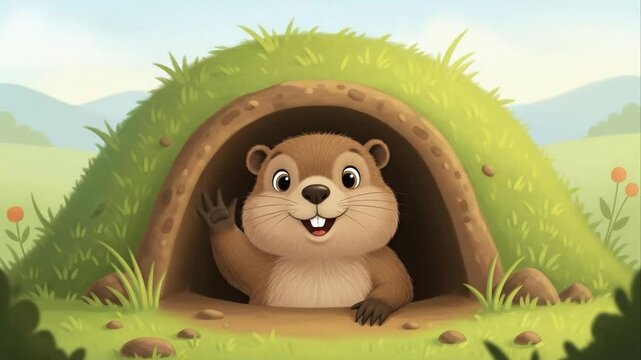 Cartoon groundhog emerging from burrow waving hand illustrated concept