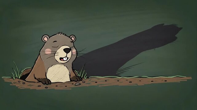 Cartoon groundhog emerging from burrow with shadow illustration