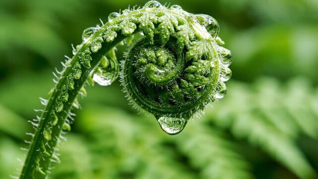 Close-up of a Fresh Green Fern Frond Unfurling with Water Droplets
