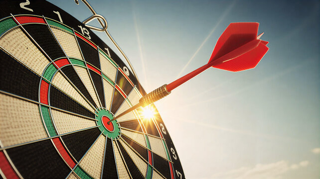 Red Dart Arrow Hitting the Center of a Dartboard Target with Bright Lens Flare