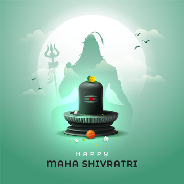 happy maha shivratri festival square banner design with illustration of lord shiva silhouette and shivling on green shiny background