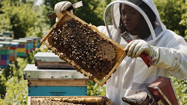 Beekeeper working with beehive