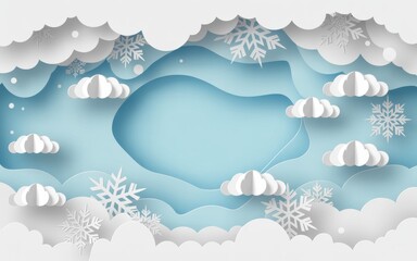 A serene winter landscape with snowflakes gently falling on a frozen lake surrounded by clouds