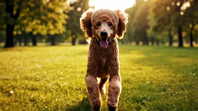 Running poodle in grassy field