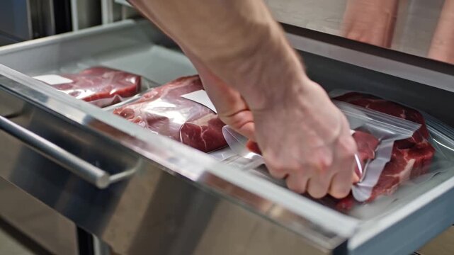 Cinematic 4K kitchen food prep video various cuts raw meat placed clear plastic storage bags, vacuum sealed, labeled organized freezer drawer clean modern kitchen, bright natural lighting, realistic