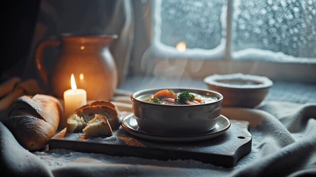 Cinematic winter food scene, warm hearty vegetable soup steaming ceramic bowl beside fresh crusty bread rustic wooden plate, frosted icy window falling snow background, cozy amber indoor hygge comfort