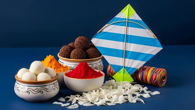 Colorful kite flying colorful background vibrant spices decorative bowls colorful ribbons 4K Ai HD high quality video.