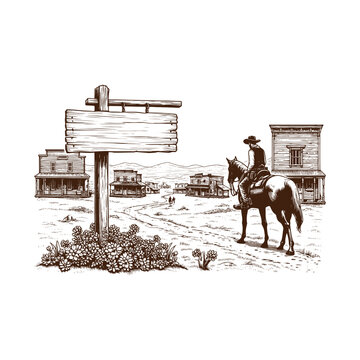 Cowboy riding horse on dirt road near old buildings