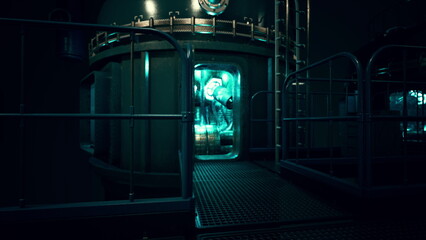 Inside a mysterious and futuristic facility, glowing elements illuminate the dark space as a figure...