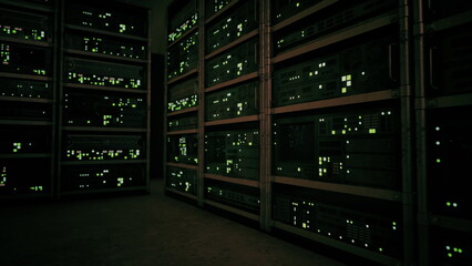 In a dimly lit data center, rows of servers emit a soft green glow. The atmosphere feels tech...