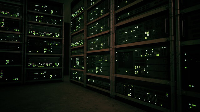 In a dimly lit data center, rows of servers emit a soft green glow. The atmosphere feels tech heavy, with lights flickering and the hum of machinery providing a sense of constant activity.