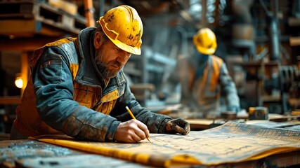 Workers review construction plans. Workers study construction plans while wearing hard hats in a workshop filled with tools and machines.