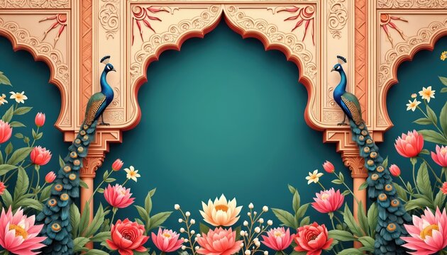 Mughal arch frames peacock and floral border for wedding invite. Ornate Indian design with lotus flowers and leaves, elegant oriental template for celebration.