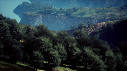 Green hills rise majestically under a clear sky, dotted with rich trees. The distant cliffs create...