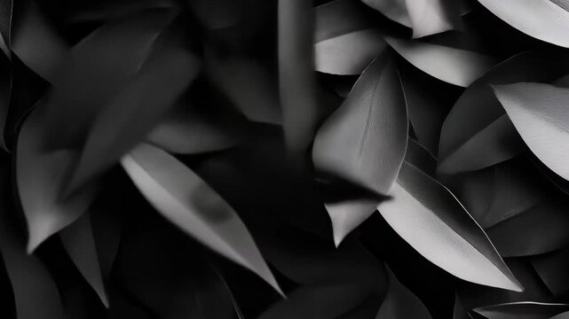 Dark textured leaves create a striking composition of nature's patterns and shapes in monochrome