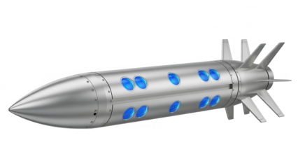 Futuristic Silver Rocket with Blue Windows and Multiple Fins.