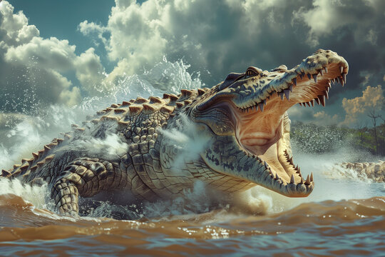 Prehistoric Crocodile massive extinct reptile head with sharp teeth and thick scales resting on a muddy river bank landscape