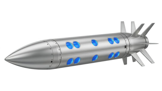 Futuristic Silver Rocket with Blue Windows and Multiple Fins. - Powered by Adobe
