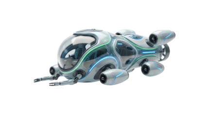 Futuristic personal transport pod with glowing neon accents and efficient propulsion systems