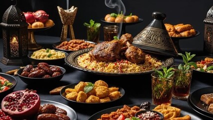 Abundant festive feast with diverse dishes and lanterns