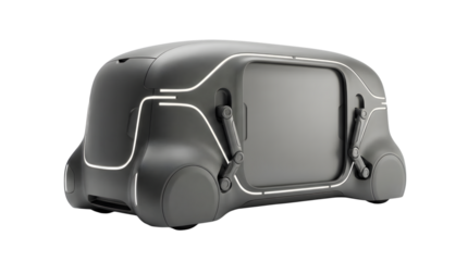 Futuristic autonomous cargo drone with smooth curves and illuminated accents on transparent background