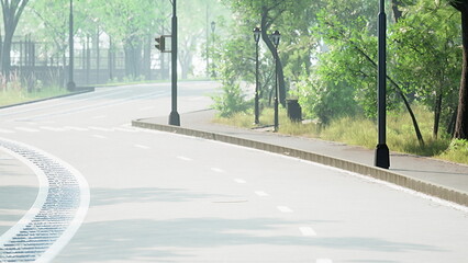 A peaceful pathway winds through a serene park, surrounded by vibrant greenery. Soft morning light...