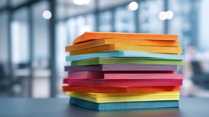Naklejka premium Colorful stack of multicolored paper sheets in modern office setting.