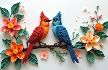 Art illustration features two birds sitting on branch. Paper quilling artwork shows vibrant colorful birds with flowers and leaves on white. Creative craft design for poster print.