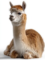 Obraz premium A brown and white llama is laying down on a white background
