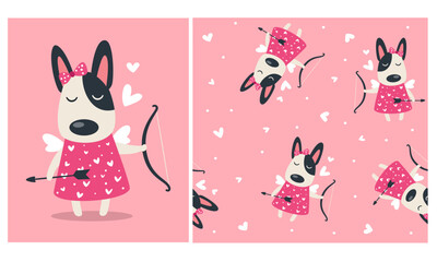 A set of prints for Valentine's Day. A cute dog in a dress with wings is holding a bow and arrows, seamless vector pattern. Cupid puppy. Vector illustration