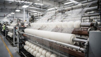 Medium shot of roving bobbins feeding into spinning machinery showcasing fine count fibers in a dynamic industrial textile hall