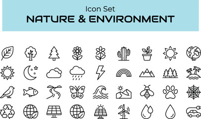 Fototapeta premium Vector set of nature and environment line icons including ecology, weather, plants, and renewable energy symbols.