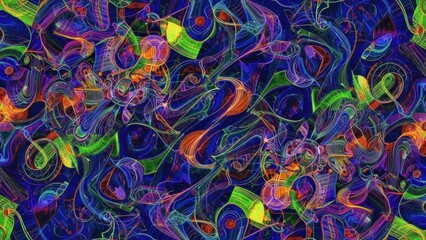 A vibrant, abstract digital artwork featuring a myriad of colorful, swirling patterns on a dark background.