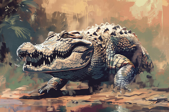 Prehistoric Crocodile giant Sarcosuchus swimming in a tropical swamp with lush green jungle plants and ancient trees in background